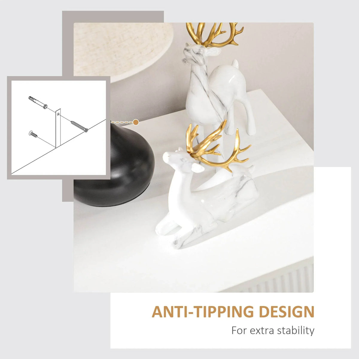 White three-drawer storage unit showing anti-tipping support detail and gold legs