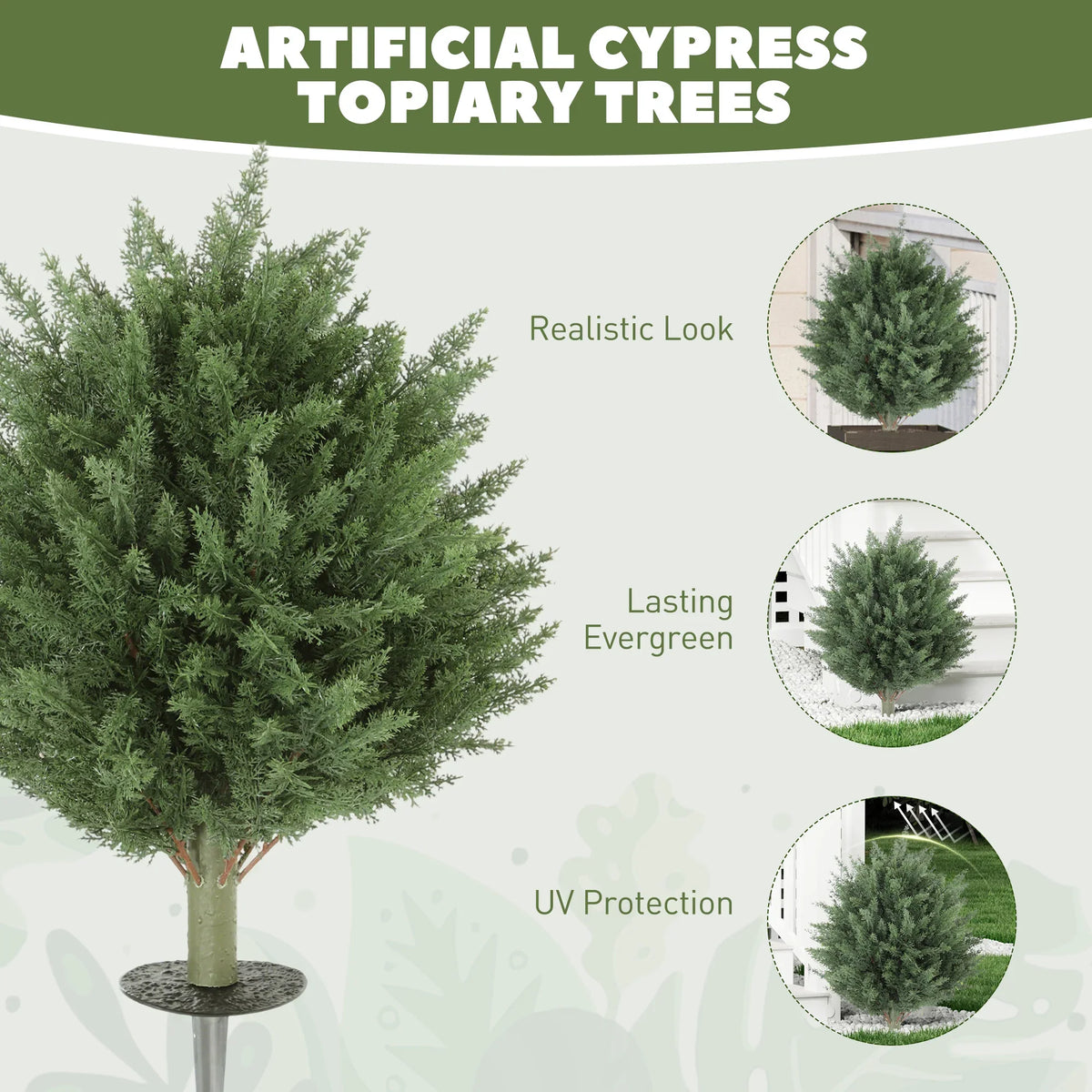 Green artificial cypress topiary tree on stake with dense realistic foliage