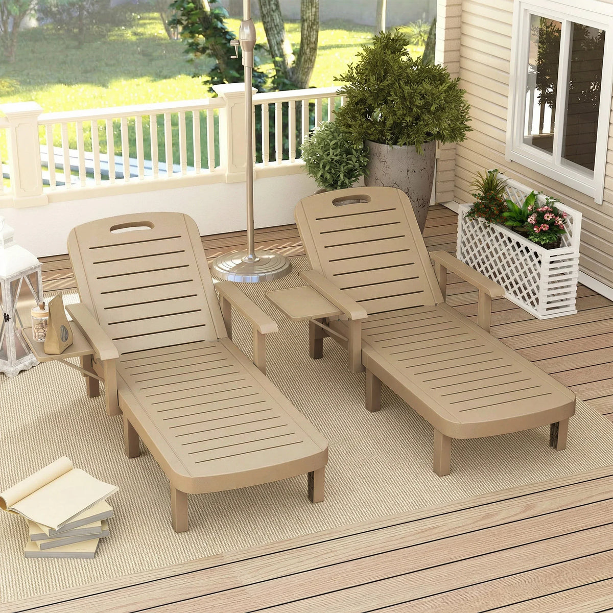 Khaki 2-pack adjustable sun lounger chairs with armrests and central table