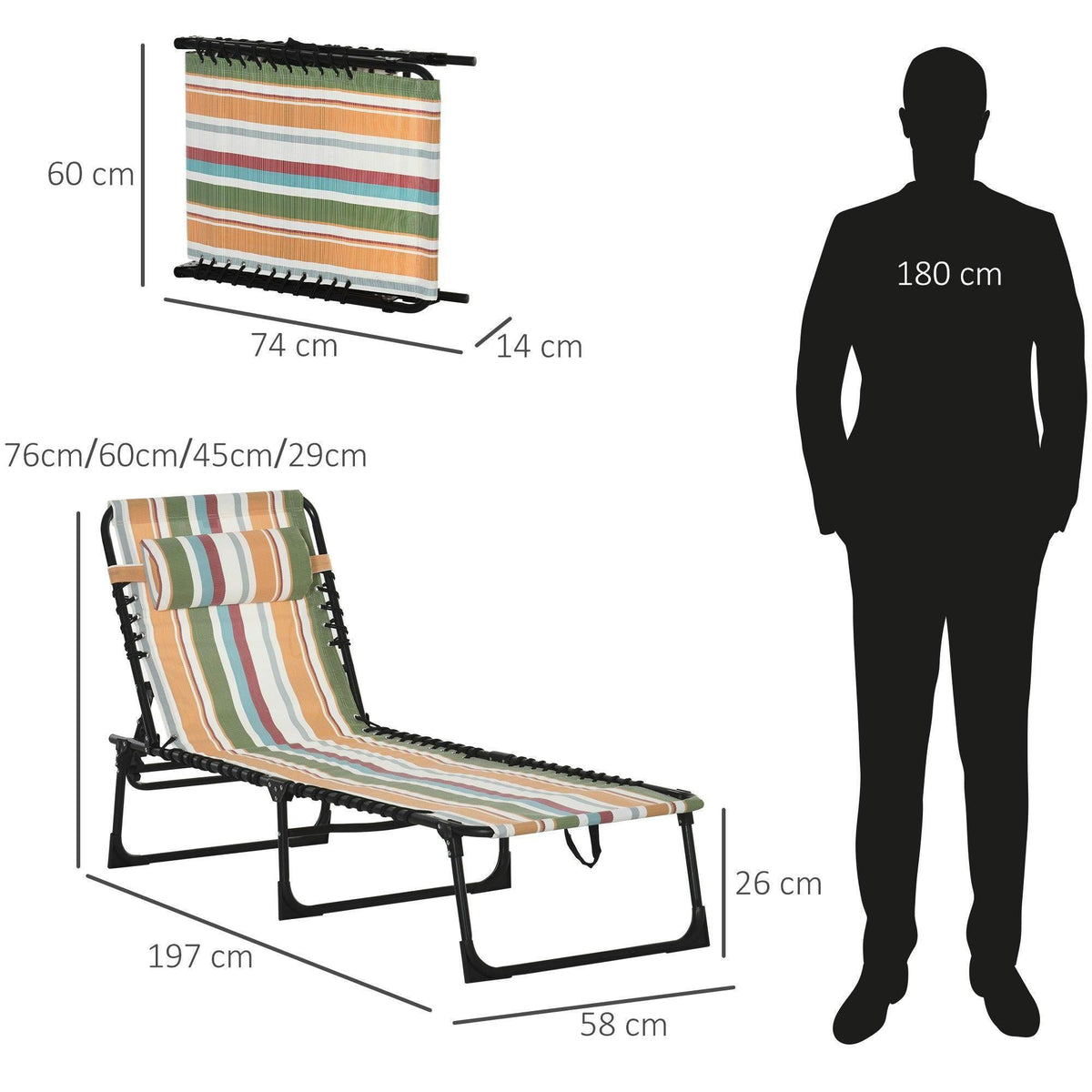 Foldable chaise lounge with multicolor striped cushion, black frame, person scale
