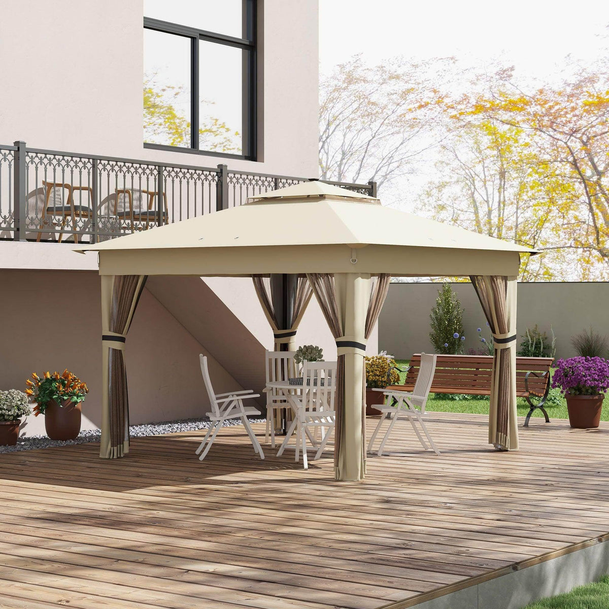Khaki pop-up gazebo tent with side curtains and open doorway on wooden deck