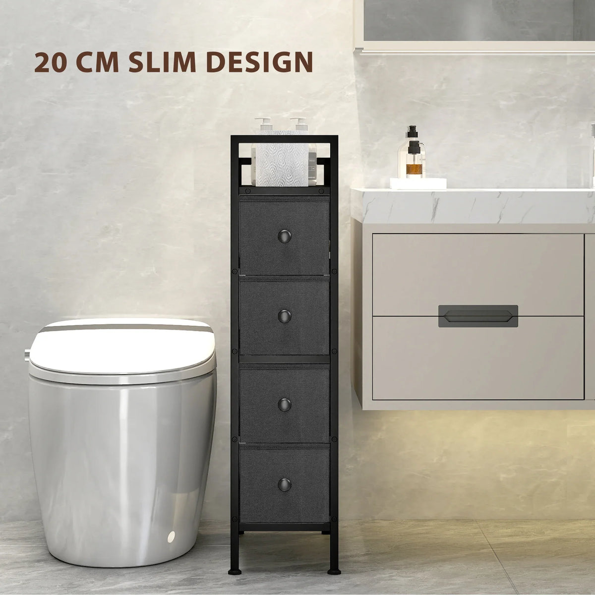Narrow black fabric dresser with four drawers and steel frame, slim profile