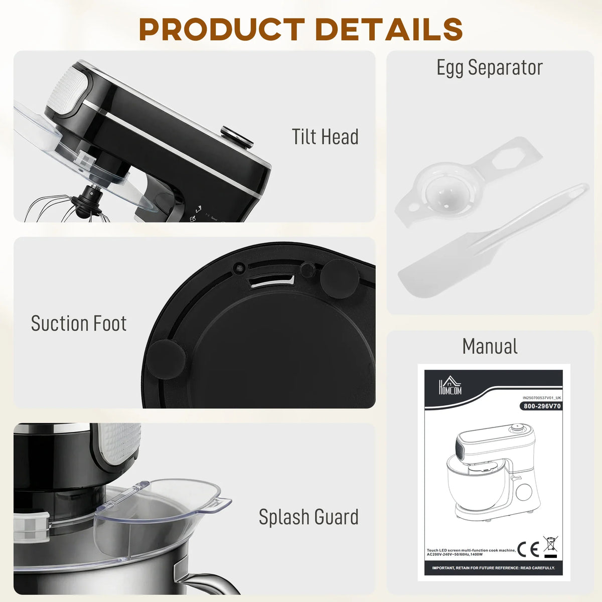 Stand mixer with tilt head, splash guard, and suction foot base