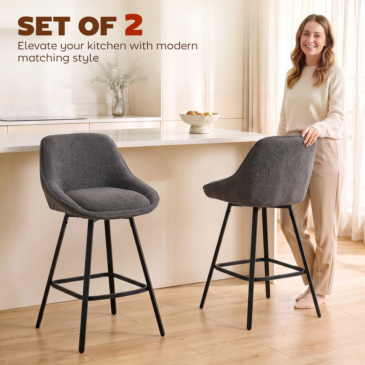Dark grey swivel bar stool set of 2, curved backrest with round black footrest frame