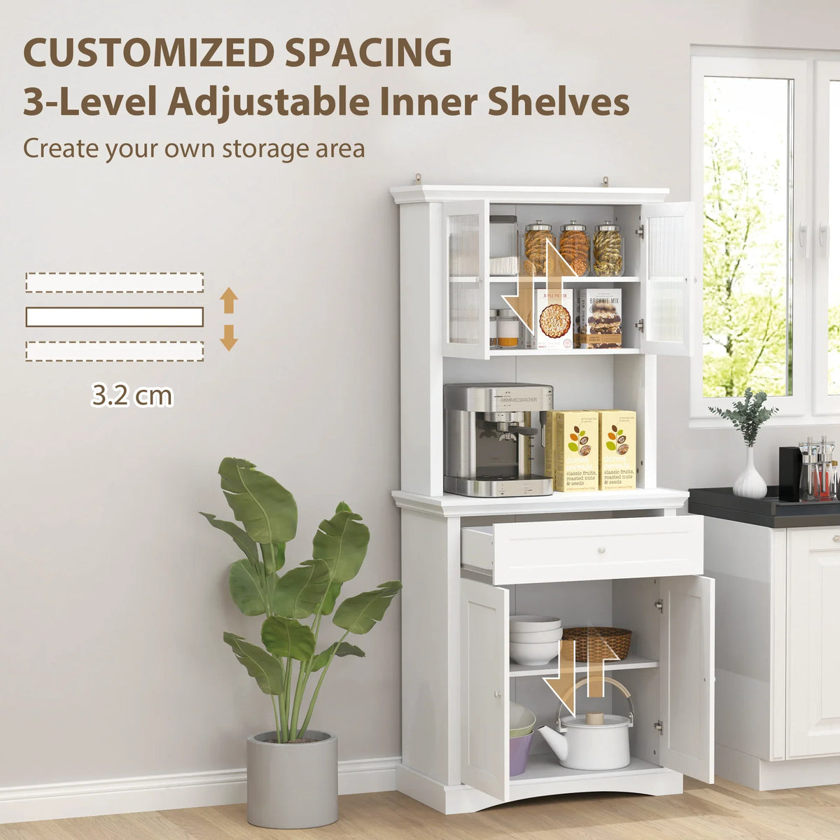 White cabinet with open doors and three adjustable inner shelves for kitchen storage