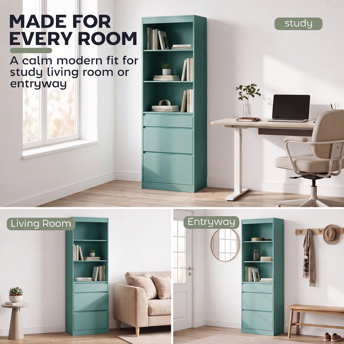 Light green narrow bookcase with open shelves and three drawers for home office