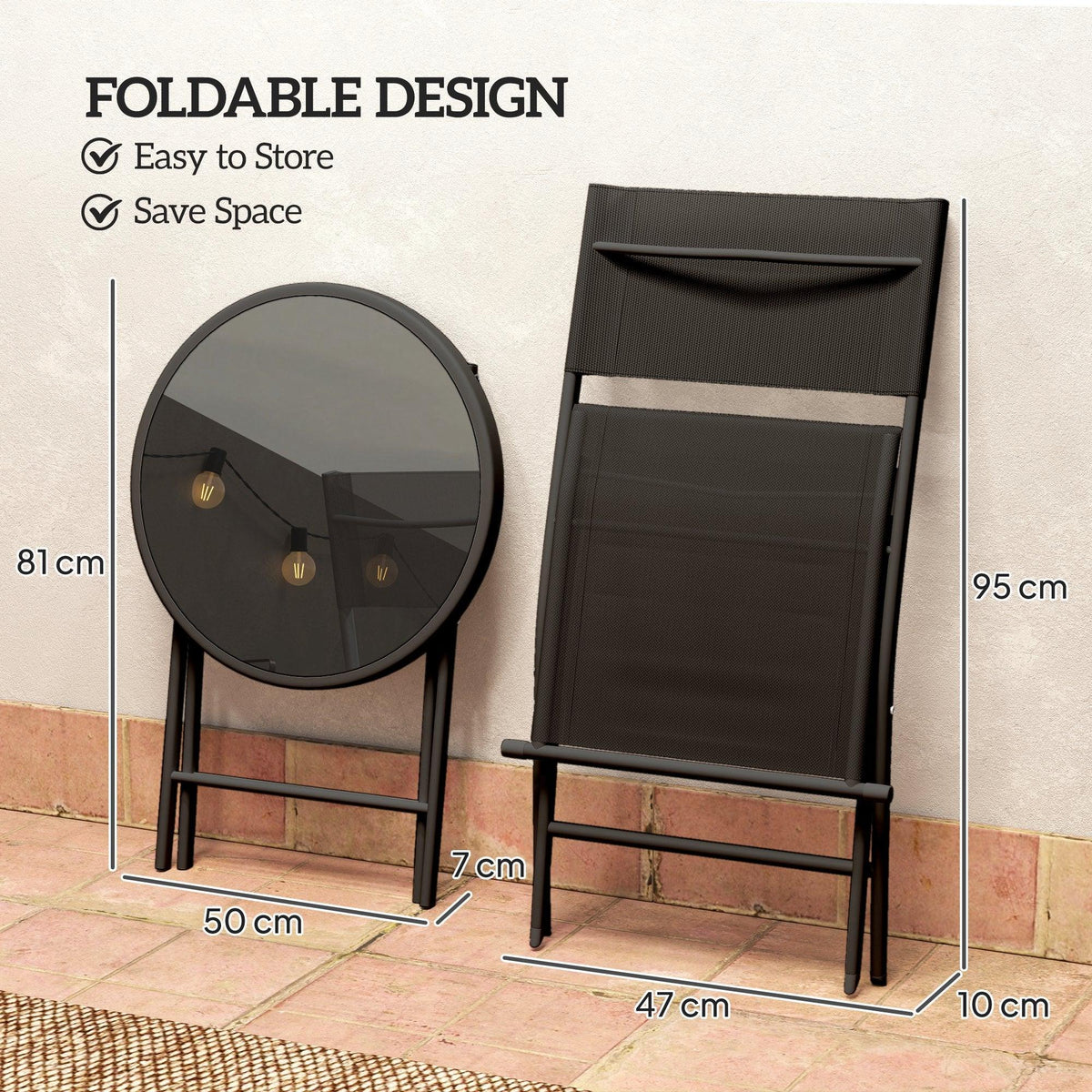 Folding bistro chair pair with black mesh seat and back, shown folded for storage