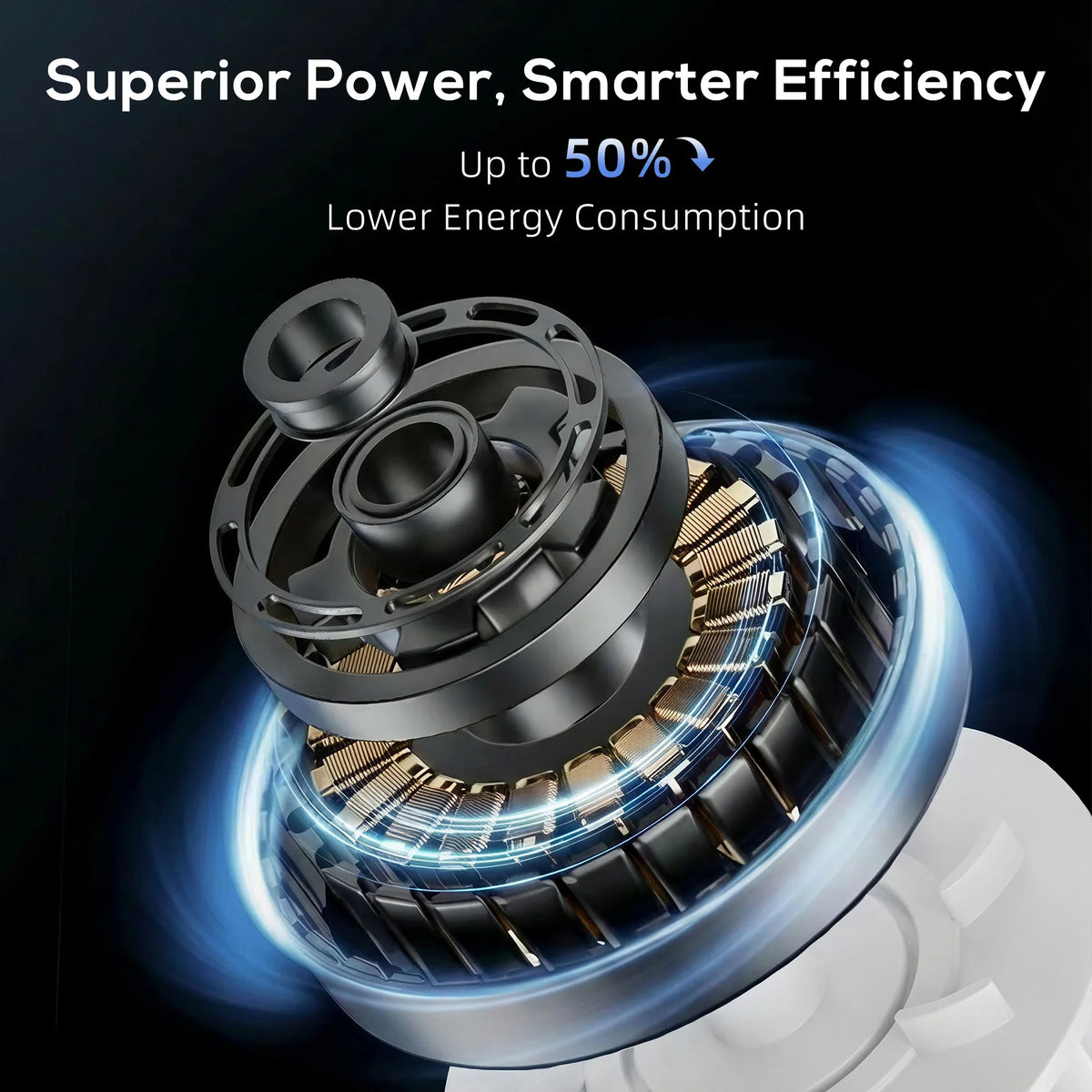 Close-up of tower fan airflow system, showing internal fan blades and circular housing.