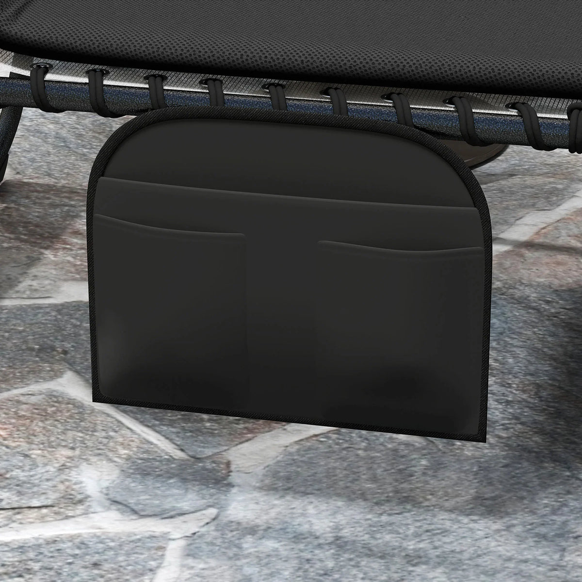 Black side storage pocket on reclining sun lounger, with adjustable backrest support