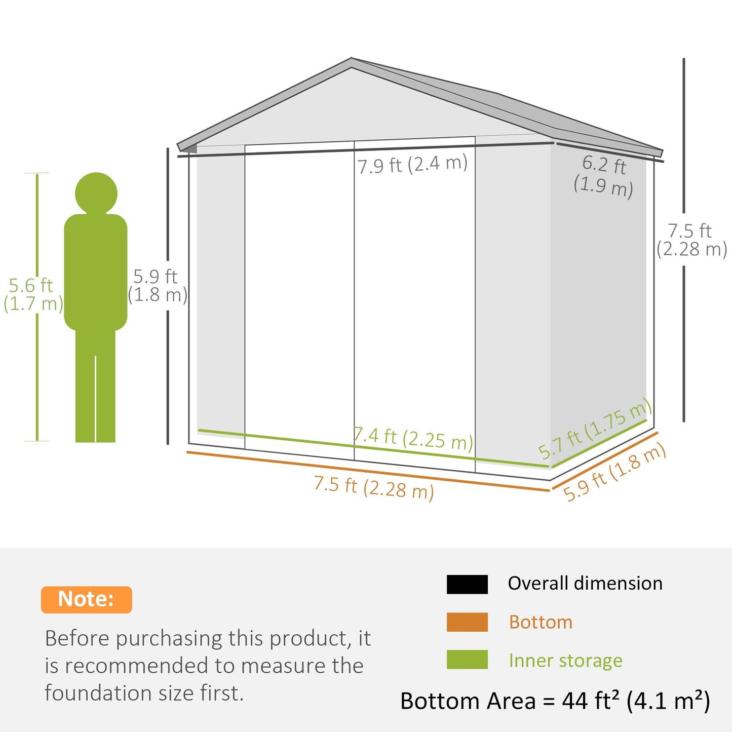 Outdoor storage shed dimensions diagram with bottom area and height measurements