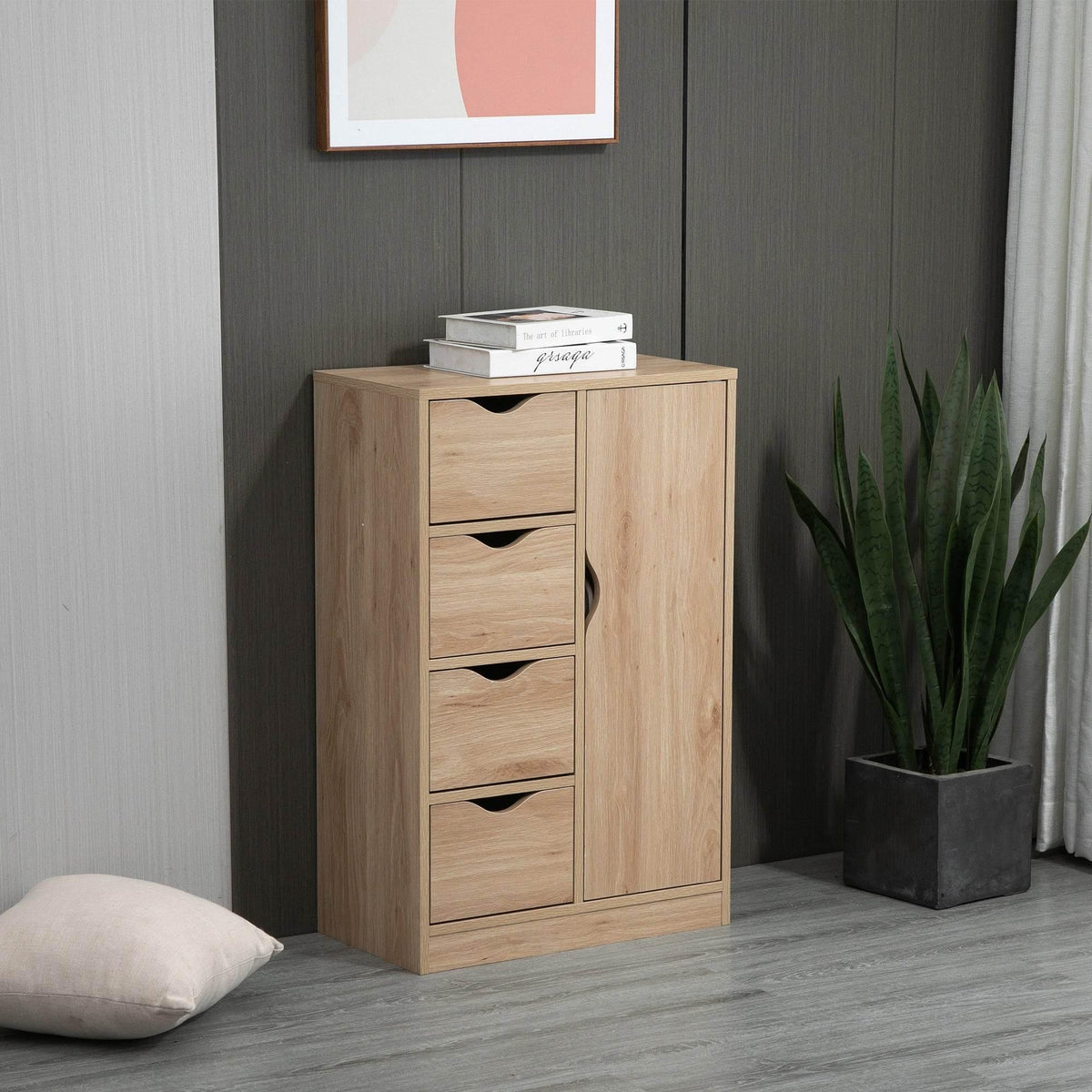 Natural wood freestanding bathroom storage cabinet with four drawers and side door