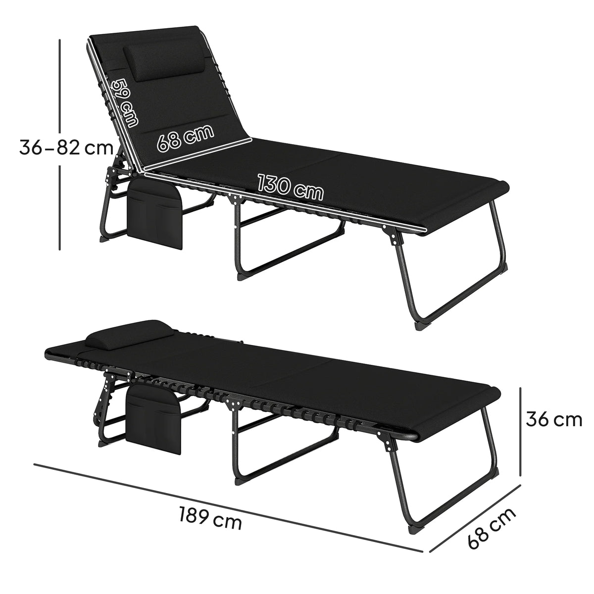 Black reclining sun lounger with adjustable backrest and side pocket, shown with dimensions