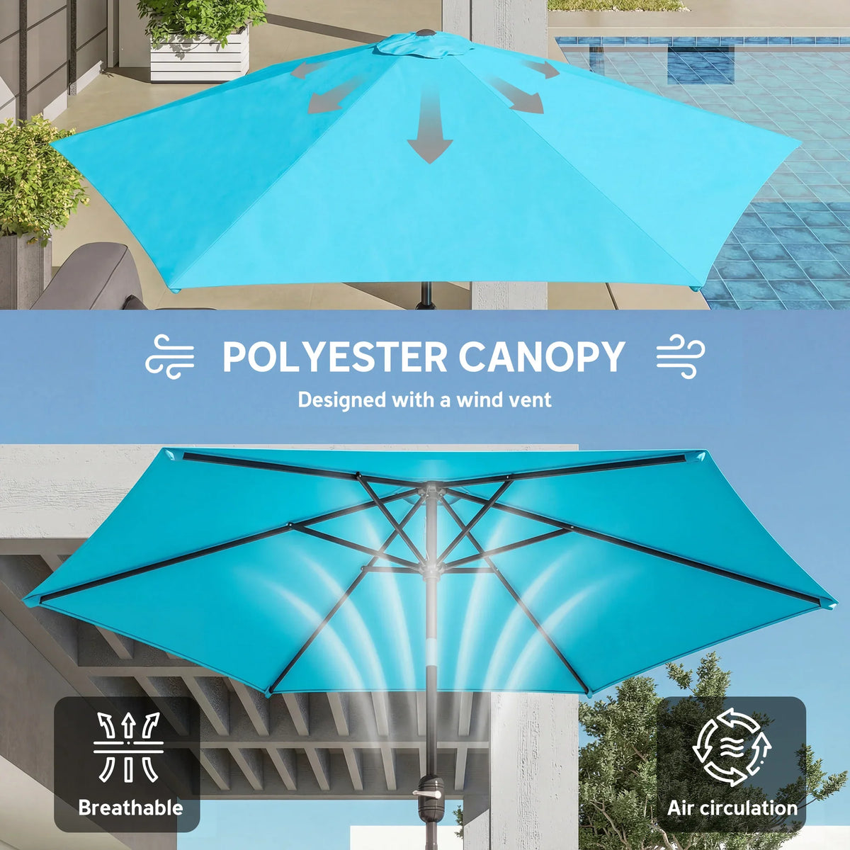 Blue polyester patio umbrella canopy with vented design and metal ribs