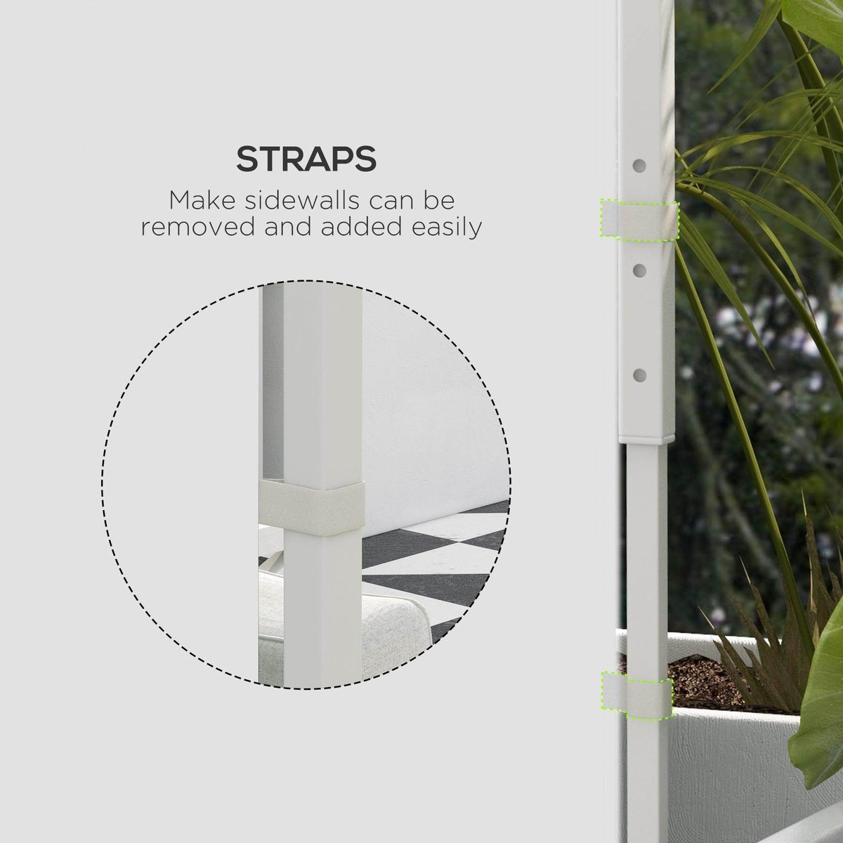White gazebo side panel with adjustable straps for easy removal and secure attachment