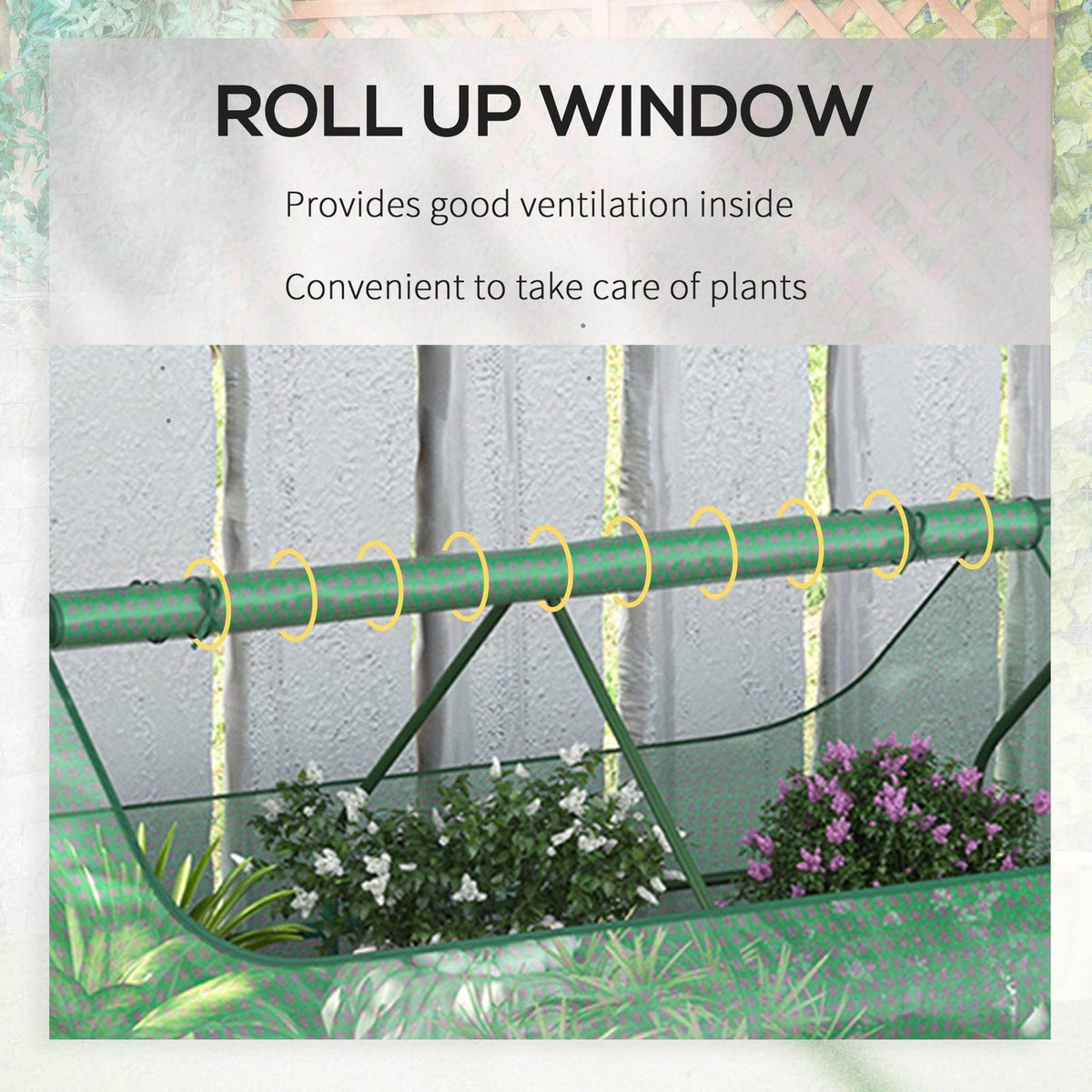 Raised garden bed greenhouse with roll-up side window for ventilation