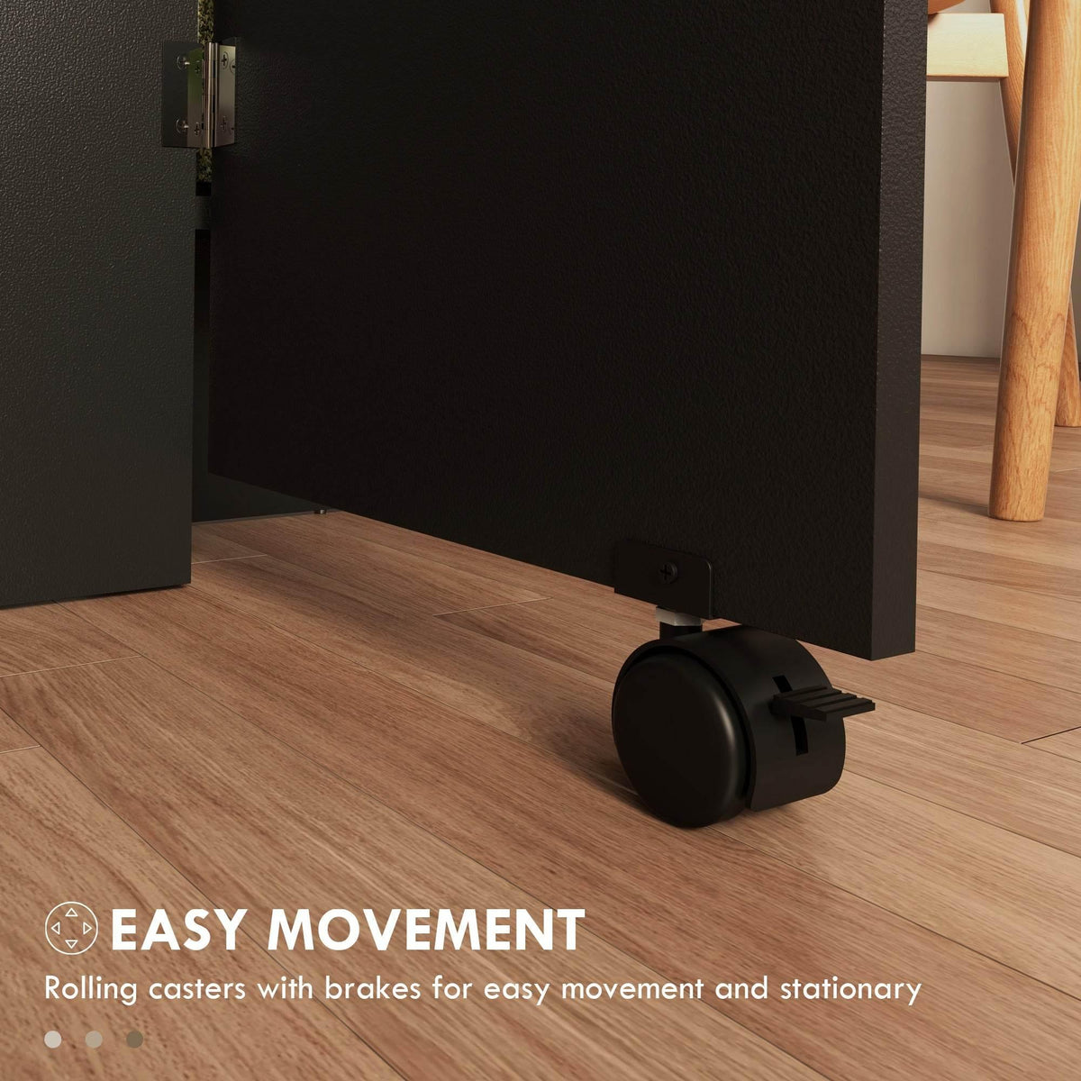 Drop-leaf dining table showing dark base and locking rolling casters