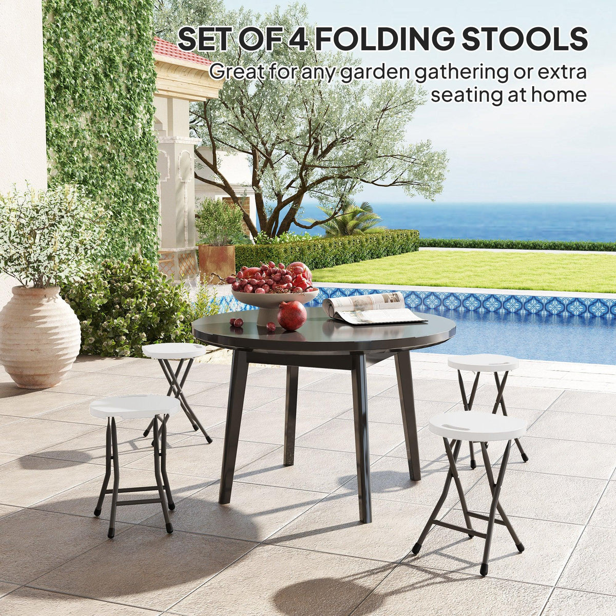 Set of four white folding stools with black X-frame legs for outdoor seating