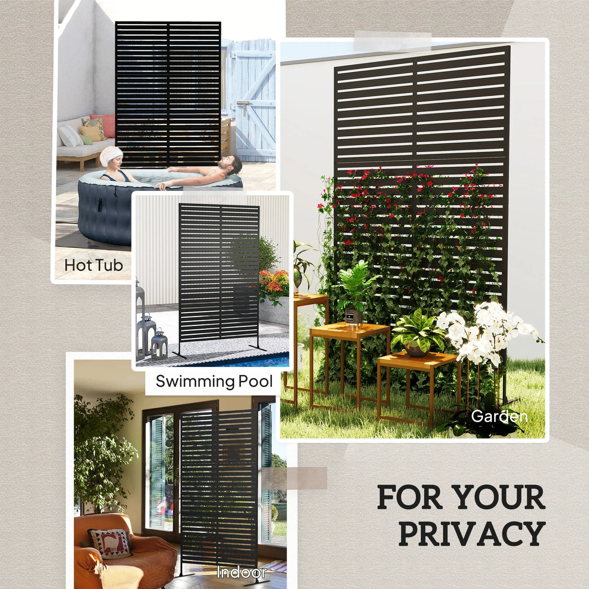 Black metal privacy fence screen with trellis slats for outdoor garden privacy