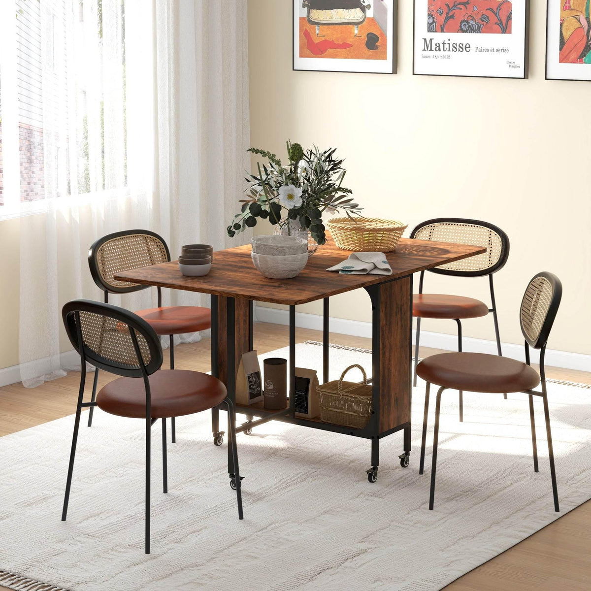 Rustic brown folding dining table with metal legs, casters, and built-in storage panel
