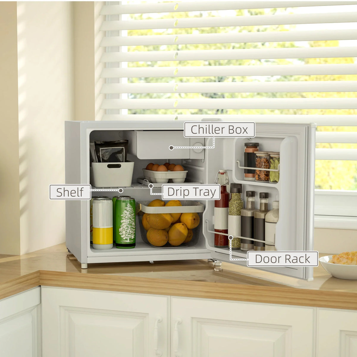 Cream white lockable countertop refrigerator with door open, showing shelves and racks.