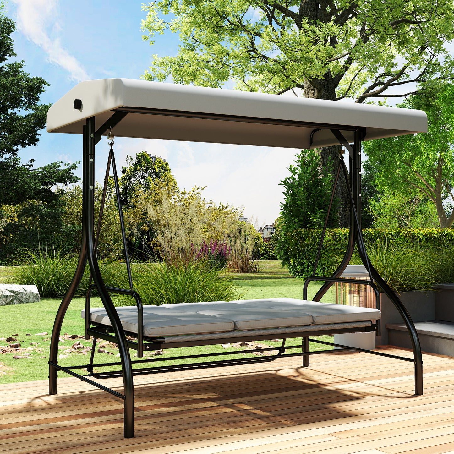 Outsunny 3 Seater Canopy Swing Chair 2 In 1 Garden Swing Seat Bed With Adjustable Canopy And Metal Frame Light Grey