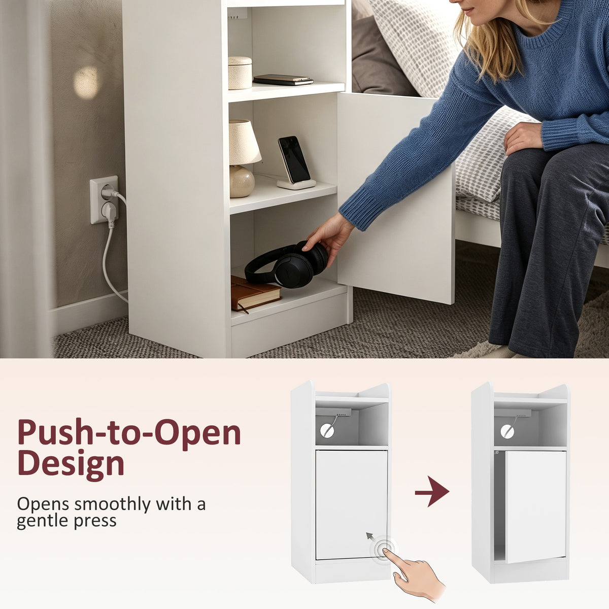 White bedside table with push-to-open door and open shelves for bedside items