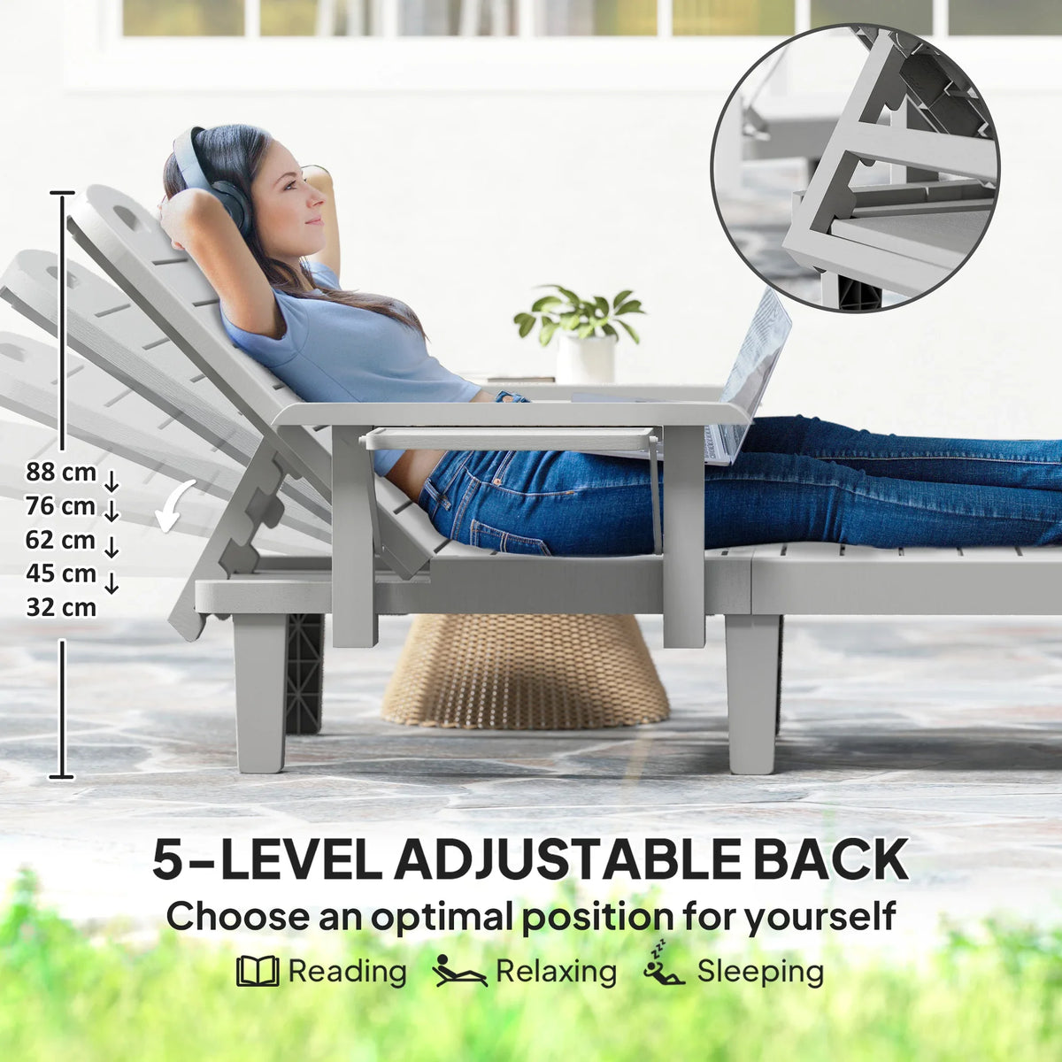 Light grey resin sun lounger with 5-level adjustable back, reclined for lounging.