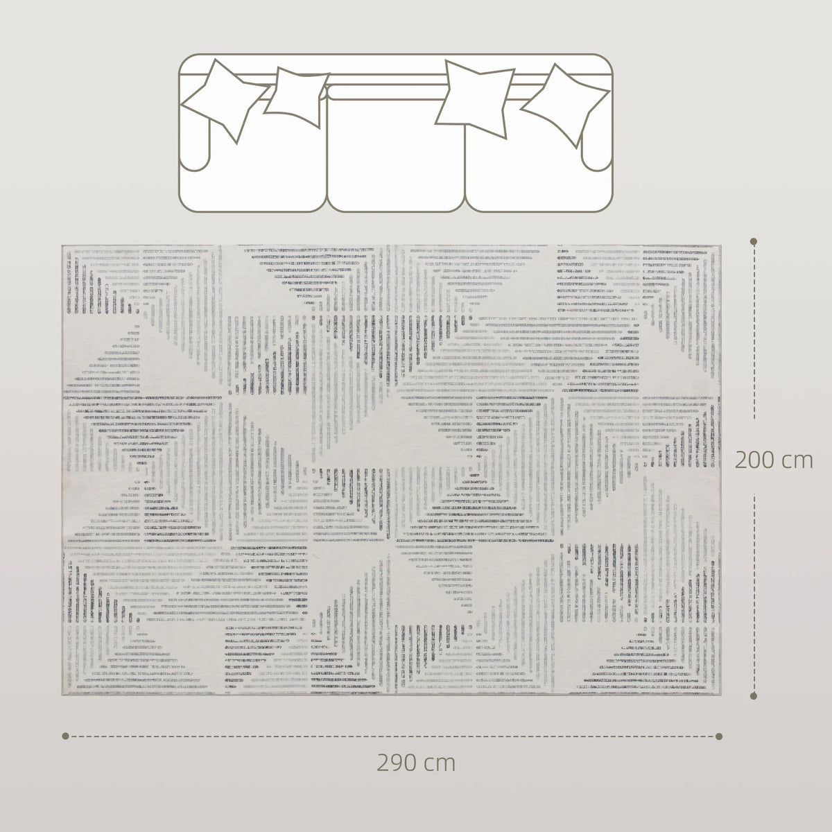 Geometric area rug with grey/white pattern, sized 290 x 200 cm