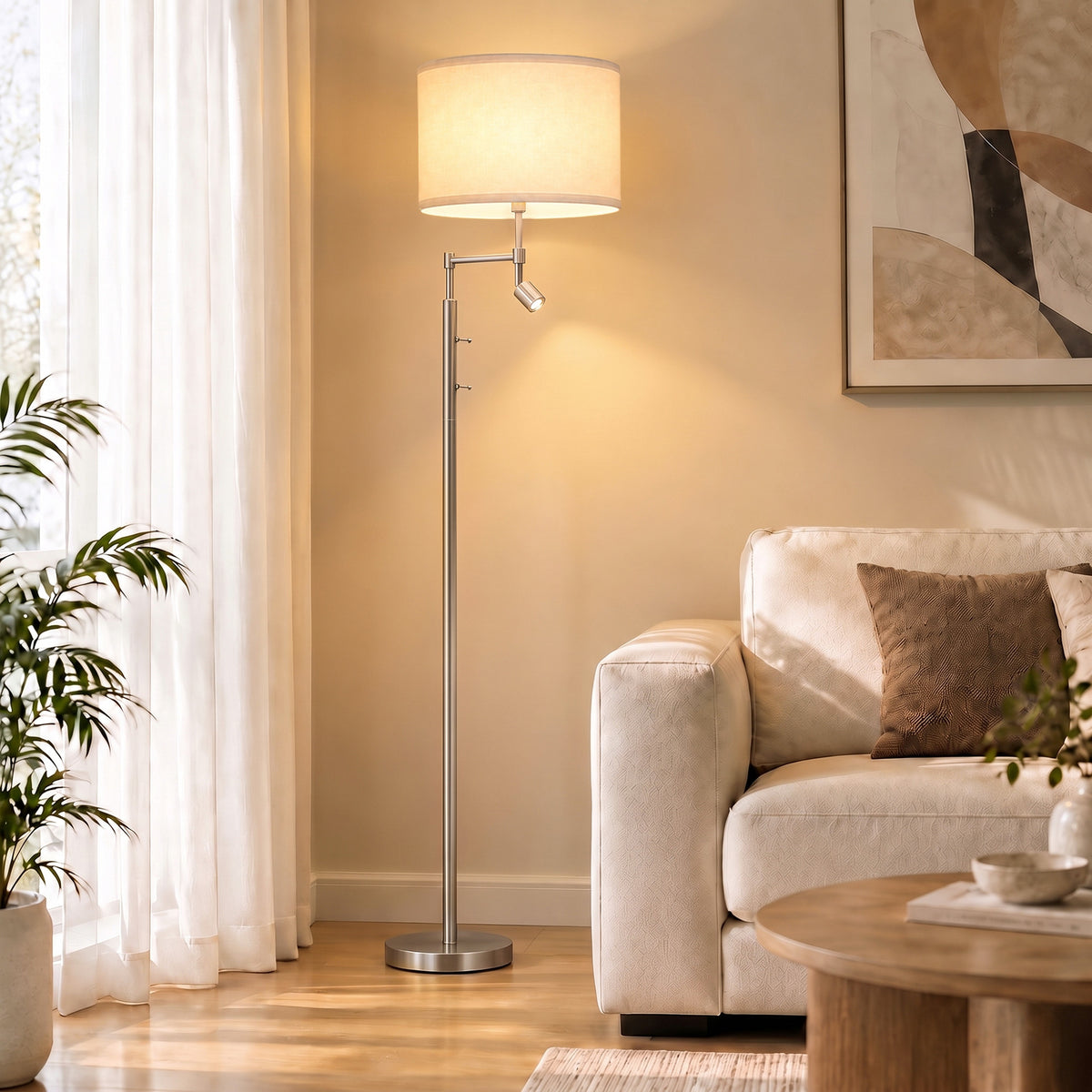 Homcom Modern Floor Lamp With Reading Light And Satin Nickel Finish