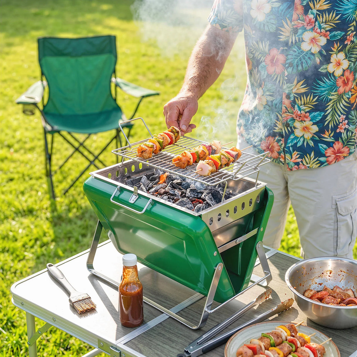 Green portable charcoal grill on table with food skewers cooking over coals