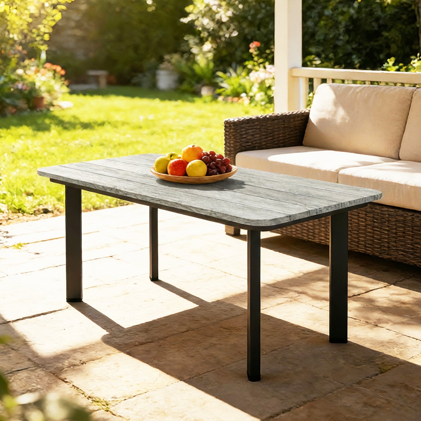 Outsunny Outdoor Garden Coffee Table With Slatted Wood Plastic Composite Top And Metal Frame Grey