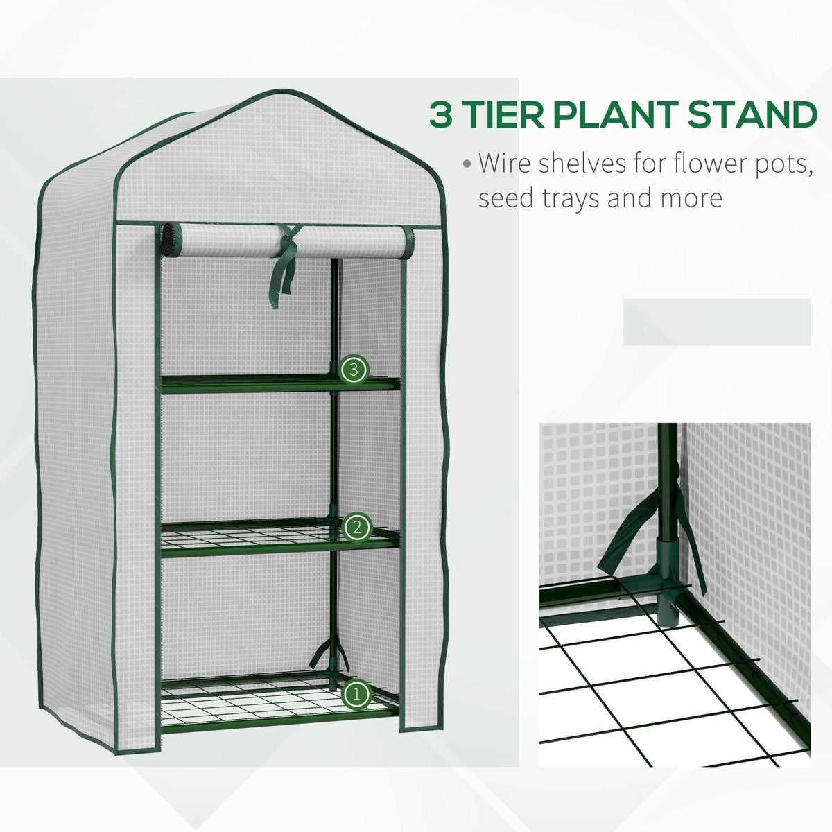 Three-tier plant stand greenhouse with white cover, green frame, and 3 wire shelves
