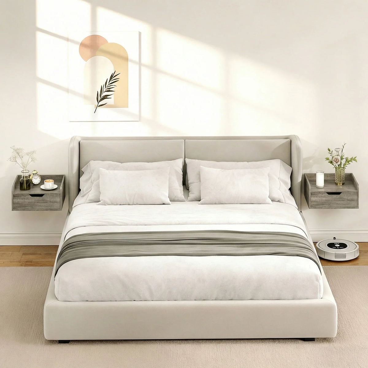Wall-mounted floating bedside tables set in grey wood-effect with drawer storage
