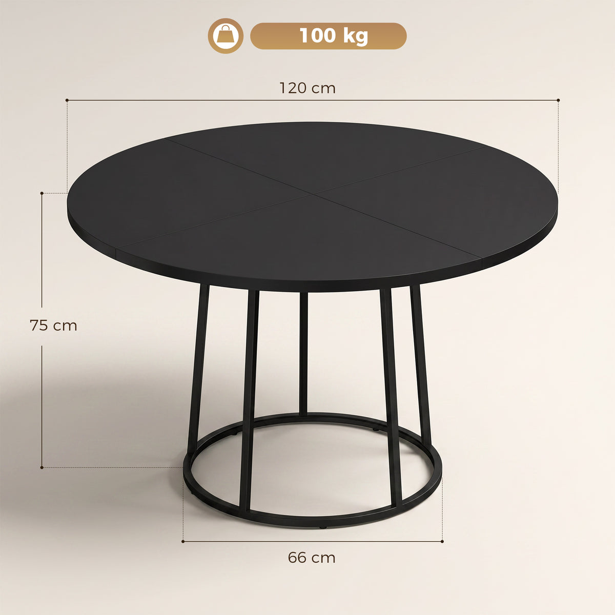 Round black 120 cm dining table with smooth tabletop and conical metal base