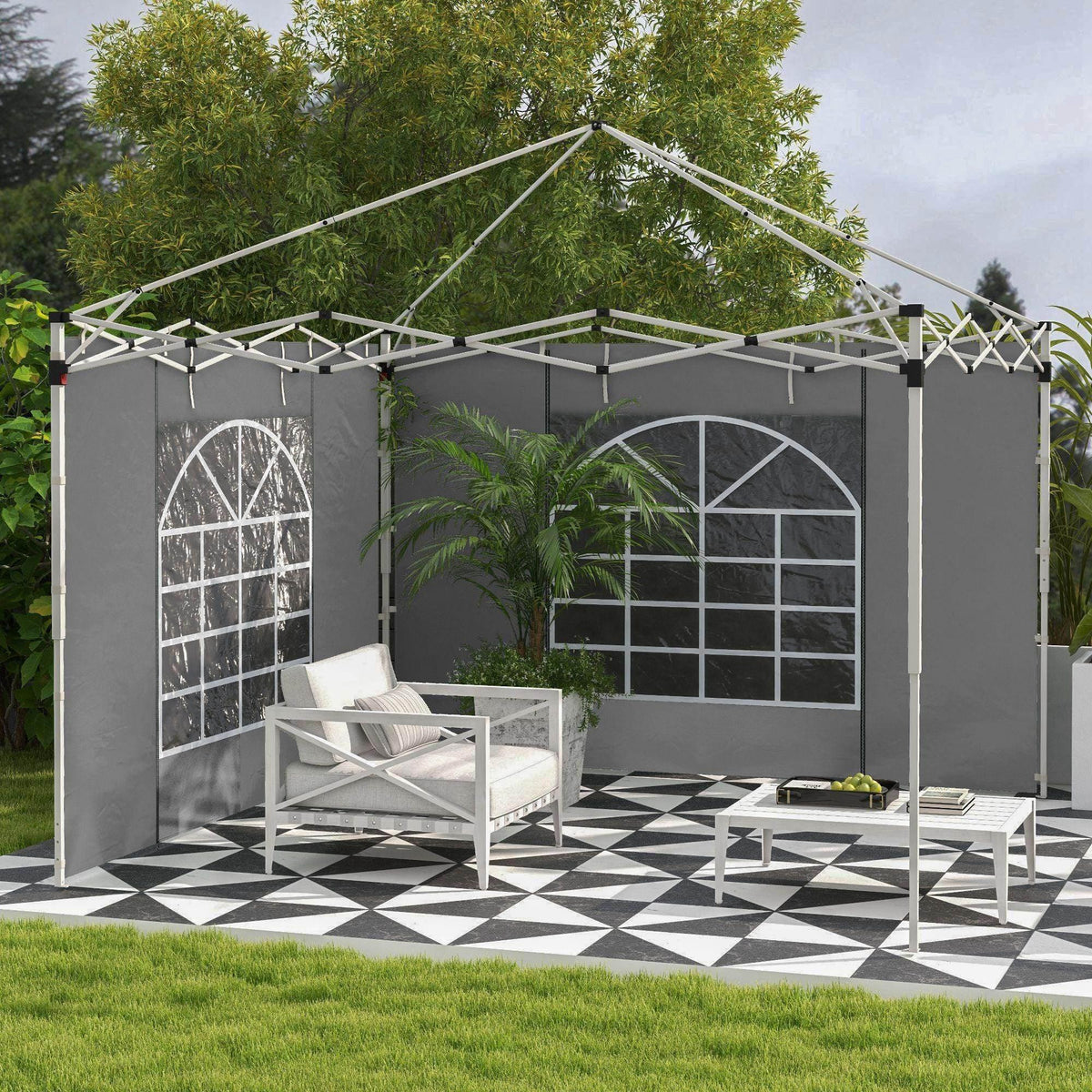 Light grey pop-up gazebo side panels set with window grids and a door opening, 2-pack.