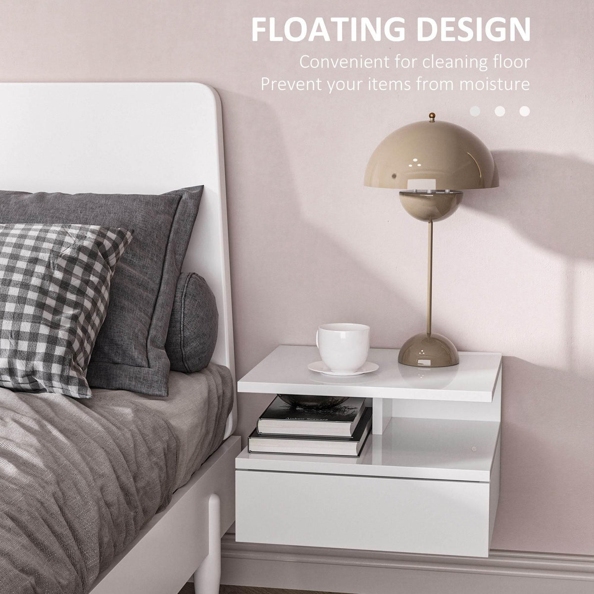 White floating nightstand with open shelf and drawer, styled with a lamp and bowl