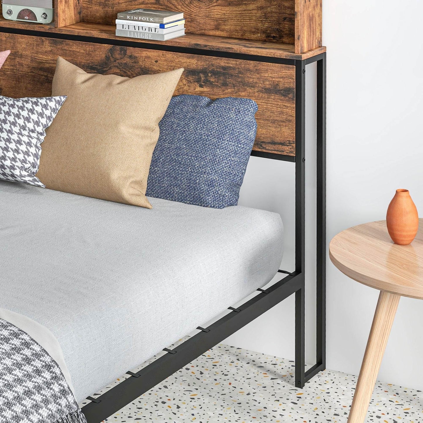 HOMCOM Industrial Double Bed Frame 4.8FT Steel Bed Base Storage Headboard Footboard Under Bed Storage 145 x 209cm Rustic Brown - ALL4U RETAILER LTD