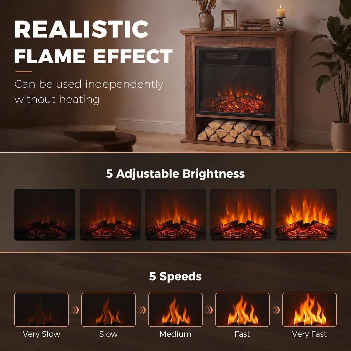 Oak electric fireplace with realistic LED flame effect and open log shelf