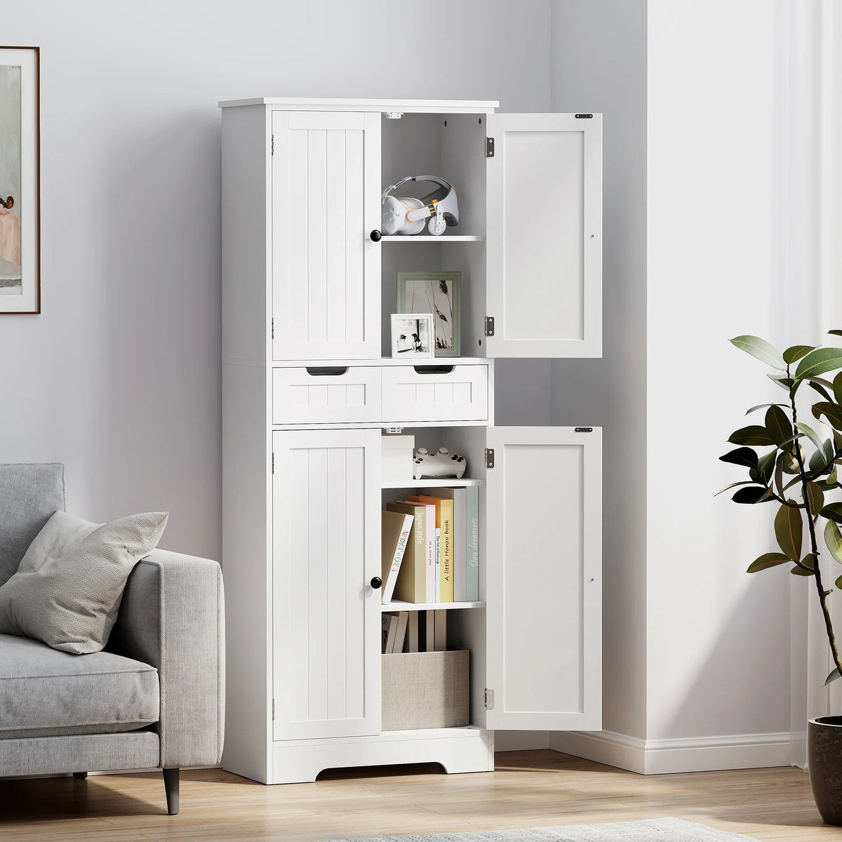 White tall storage cabinet with open compartments, drawer, and two cupboard doors