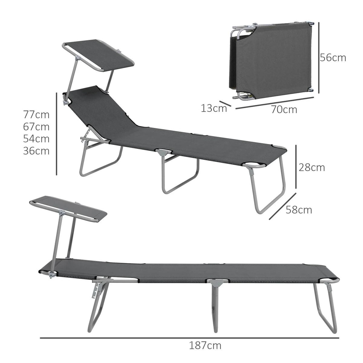 Adjustable reclining sun lounger with fold-flat frame and armrests, size diagram