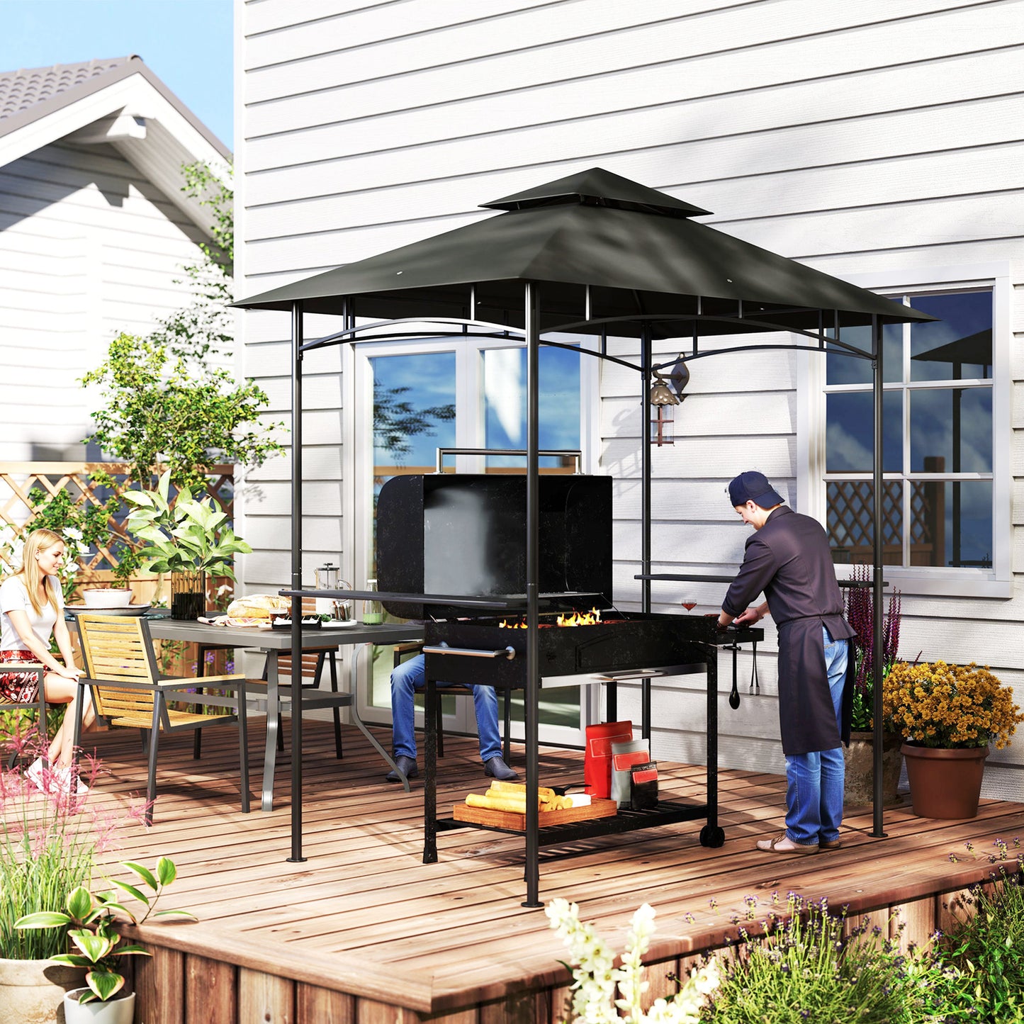 Outsunny 8 By 5 Ft Grill Gazebo With Double Tier Canopy LED Lights 2 Side Shelves And Hooks Dark Grey