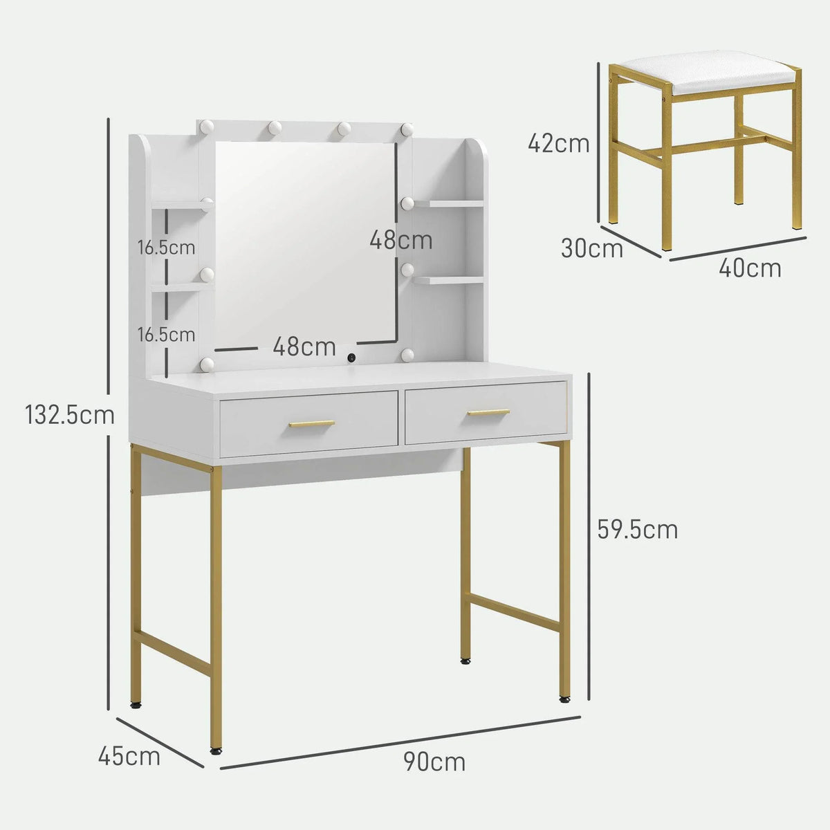 White vanity table set with lighted mirror, two drawers, open shelves, and gold legs dimensions