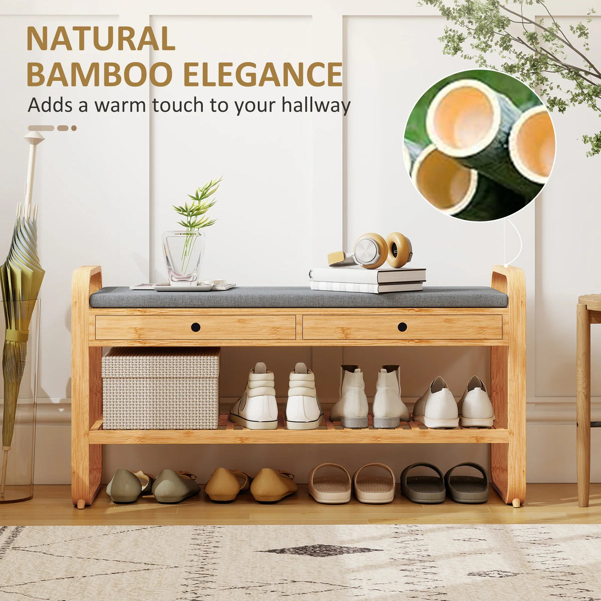 Bamboo shoe bench with cushioned seat, open shelf, and front drawers for shoes