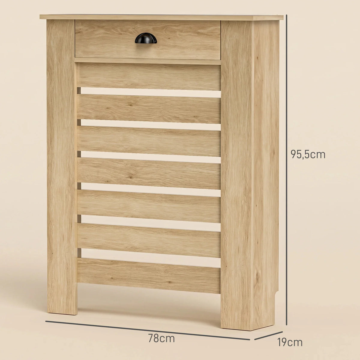 Oak radiator cover cabinet with open slatted grille and two side panels