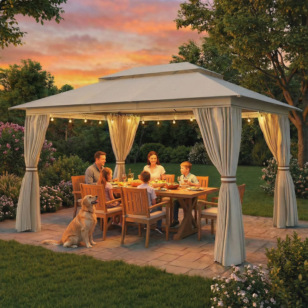 Beige outdoor gazebo with hanging curtains and fairy lights around covered dining area
