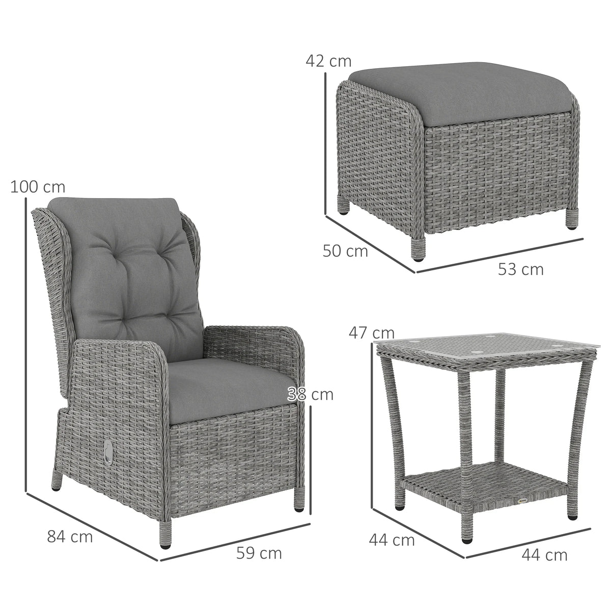Light grey rattan reclining armchair with tufted cushion, shown with dimensions