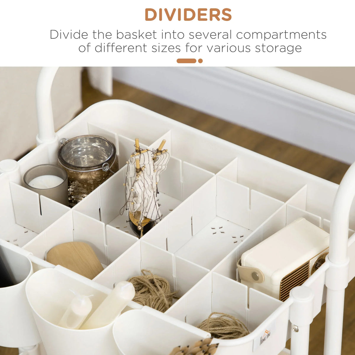White three-tier trolley baskets with internal dividers for organized compartments