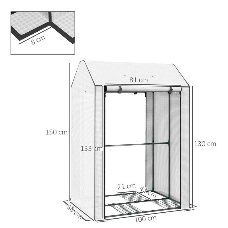 White mini greenhouse structure with 4 wire shelves, vents, and door opening measurements