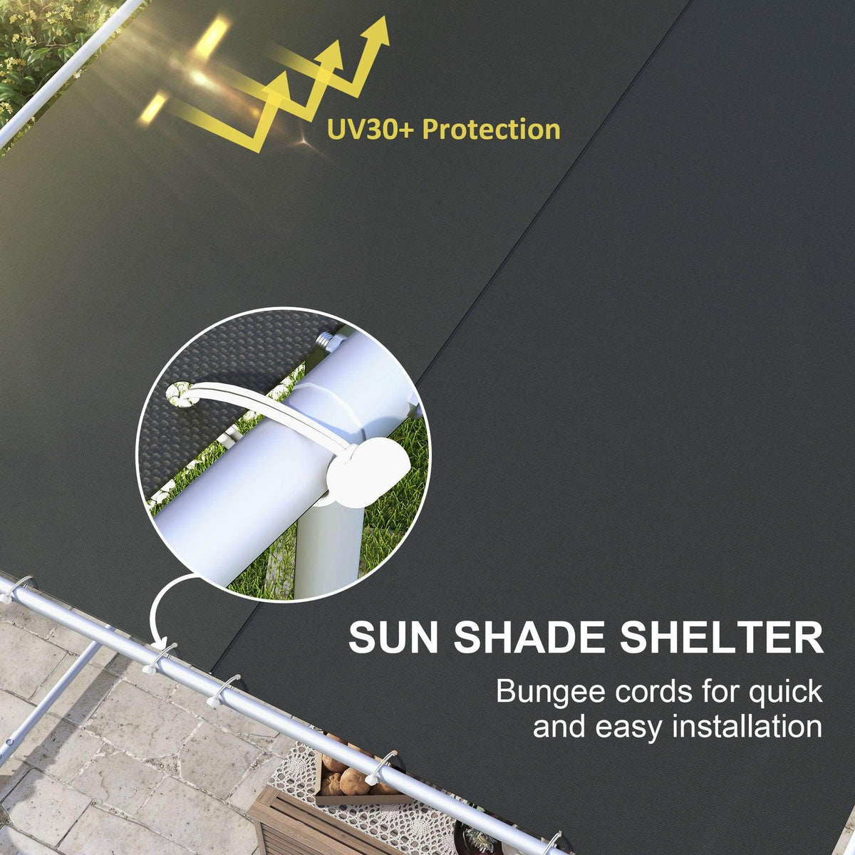 Portable pergola canopy with dark fabric cover and bungee straps at the corners