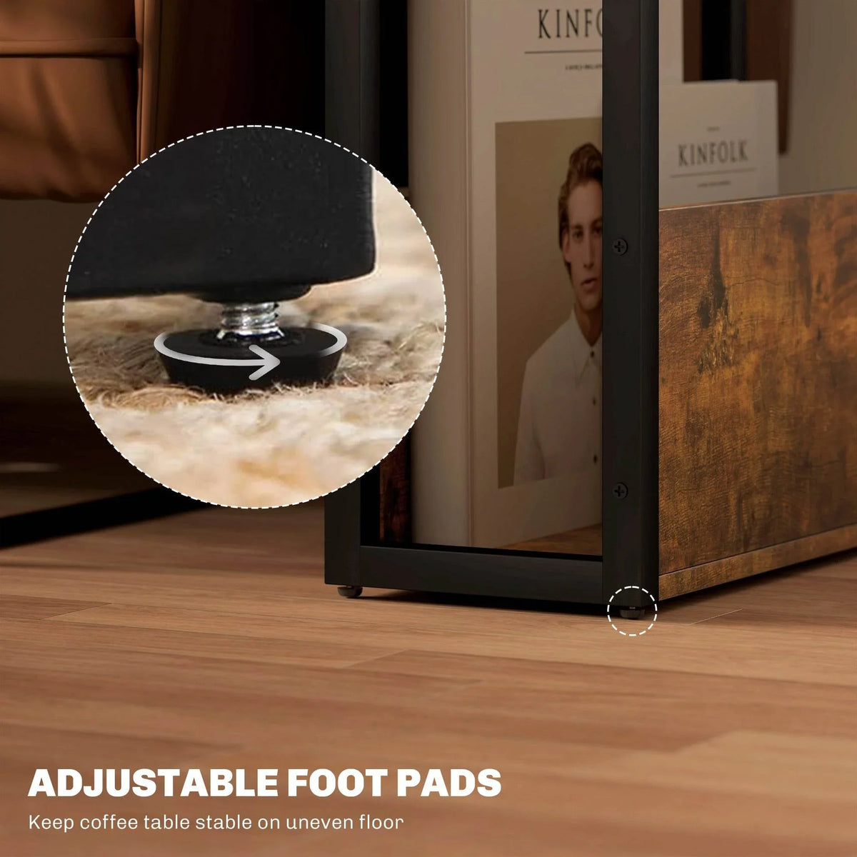 Rustic industrial side table with adjustable foot pads, black frame and wood top